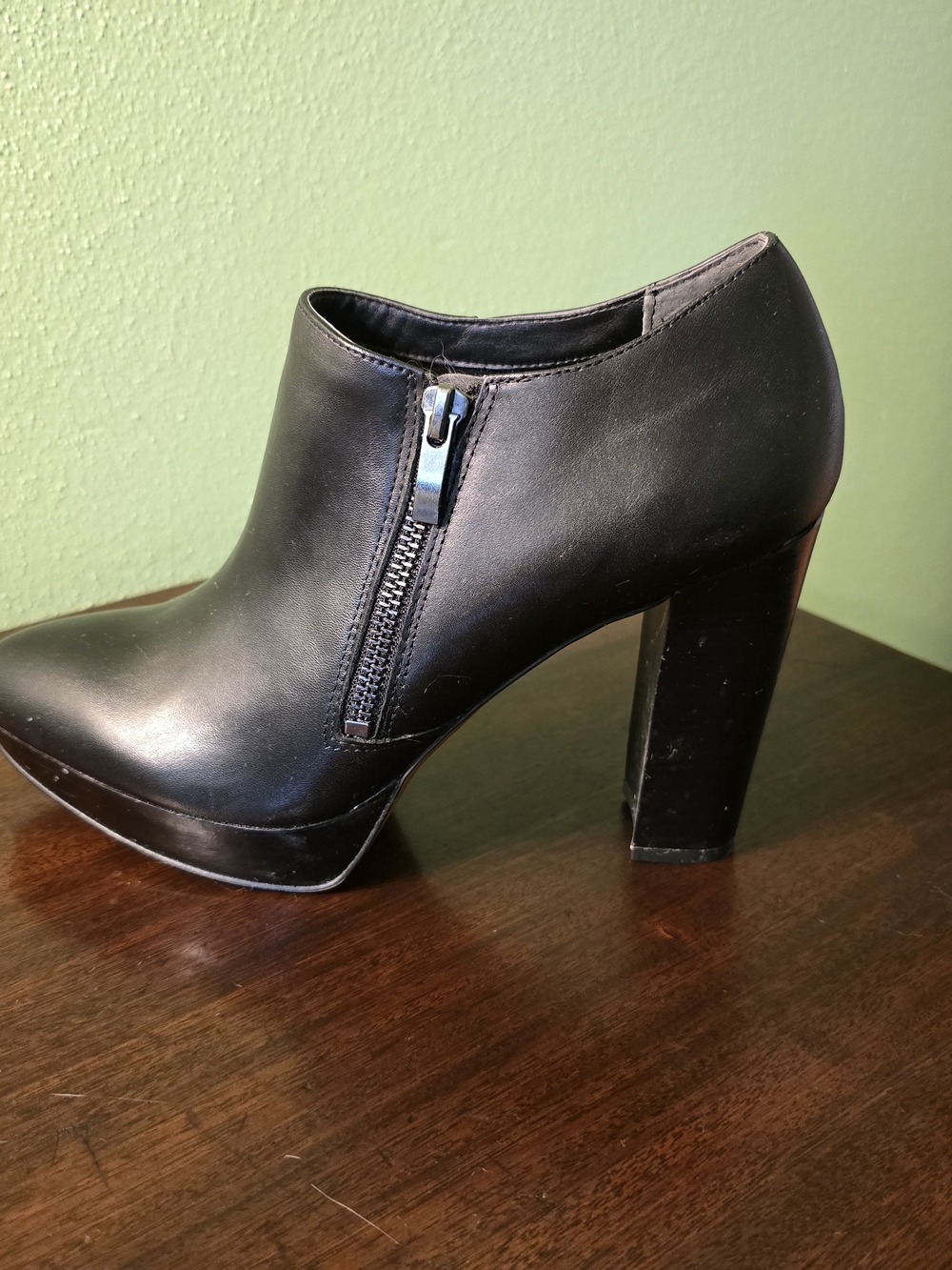 Franco Sarto Black Leather High Block Heel Ankle Boot with Side Zip